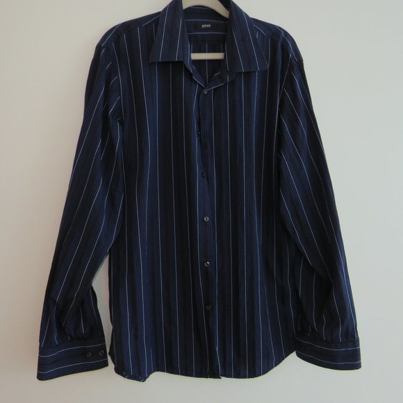 Hugo Boss Mens Blue Pinstripe Dress Shirt - Size 17.5